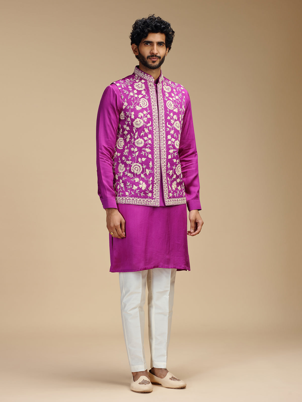 Magenta pink silk embroidered waistcoat set for men