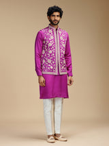 Magenta pink silk embroidered waistcoat set for men