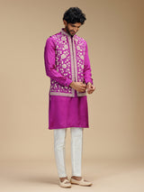 Magenta pink silk embroidered waistcoat set for men