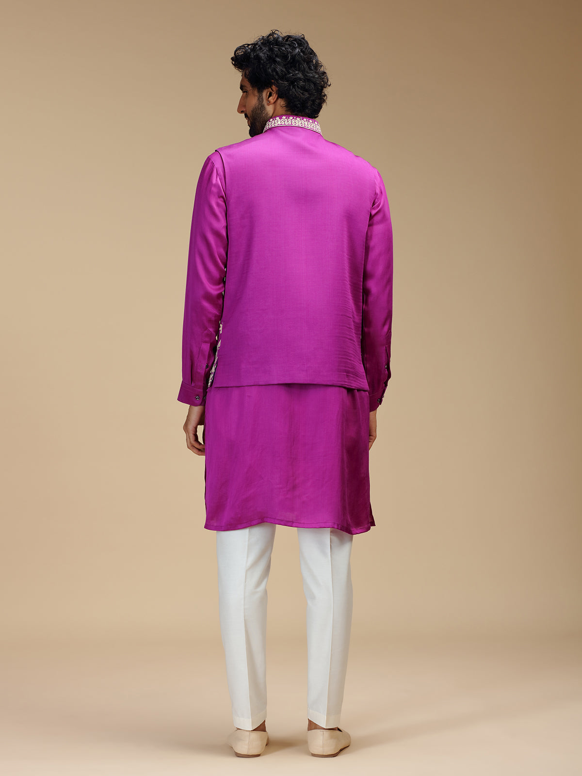 Magenta pink silk embroidered waistcoat set for men