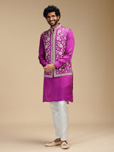 Magenta pink silk embroidered waistcoat set for men