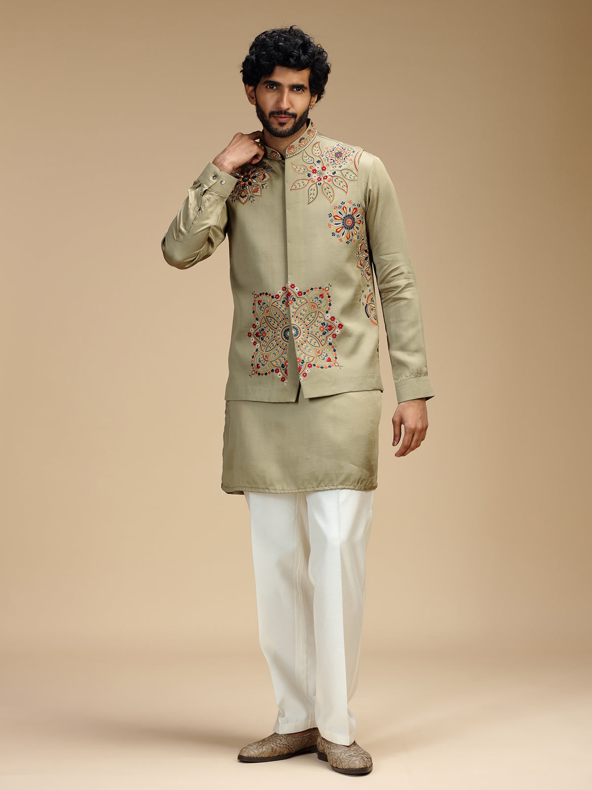 Pista green linen satin embroidered waistcoat set for men