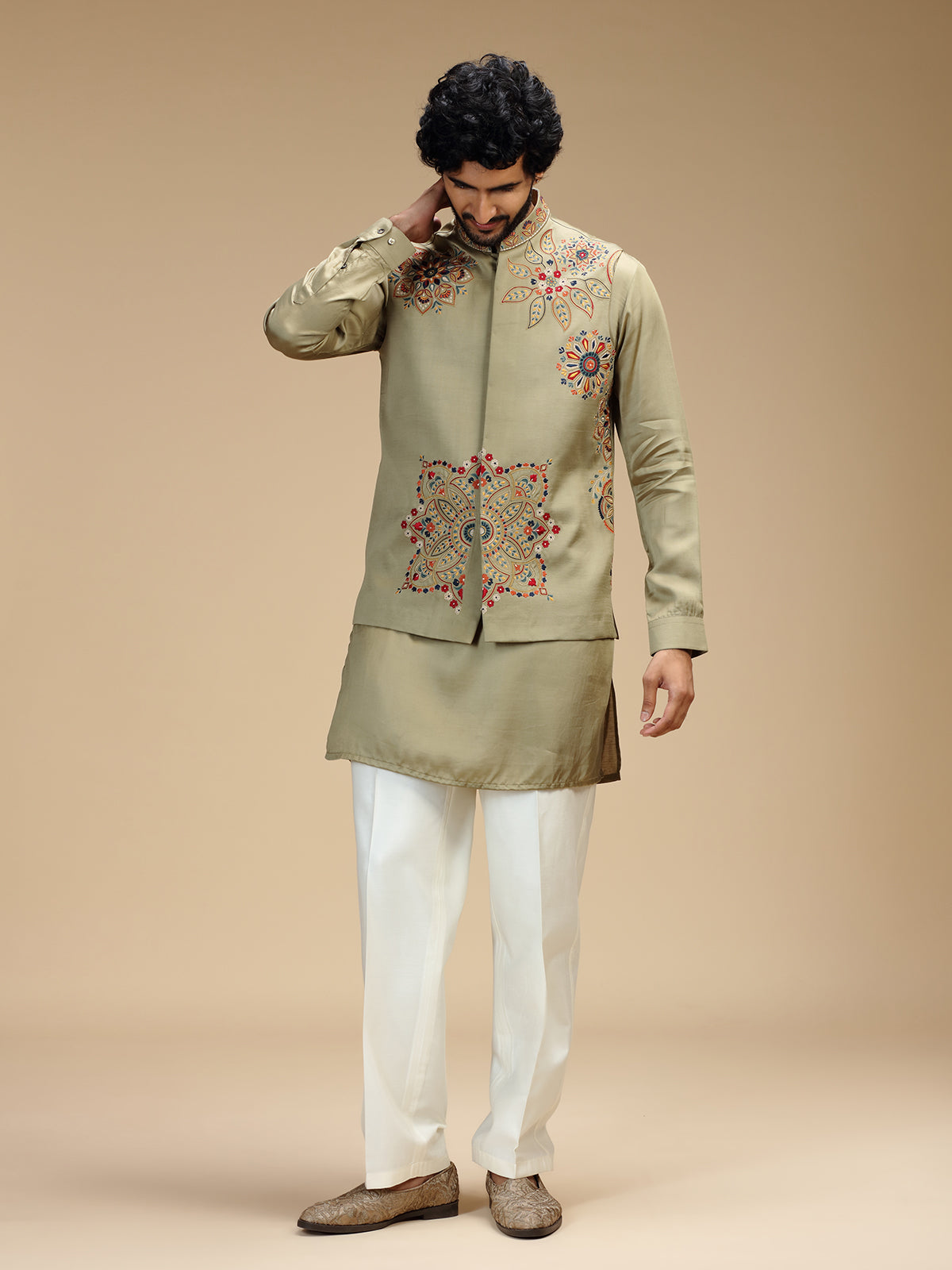 Pista green linen satin embroidered waistcoat set for men