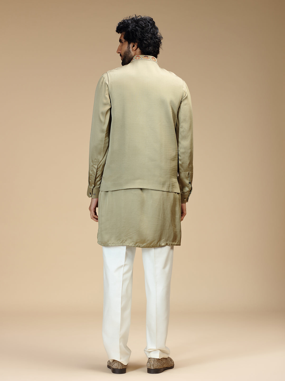Pista green linen satin embroidered waistcoat set for men
