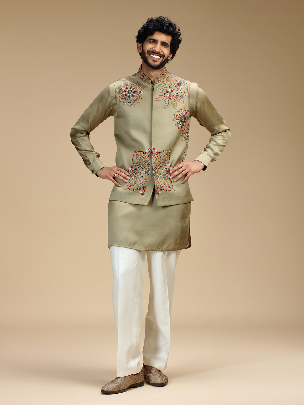Pista green linen satin embroidered waistcoat set for men