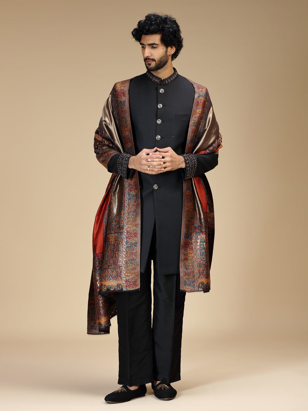 Classic black mens indo western with dupatta