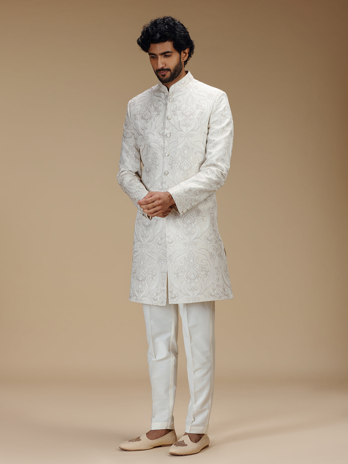 Elegant off white mens indo western brocade suit