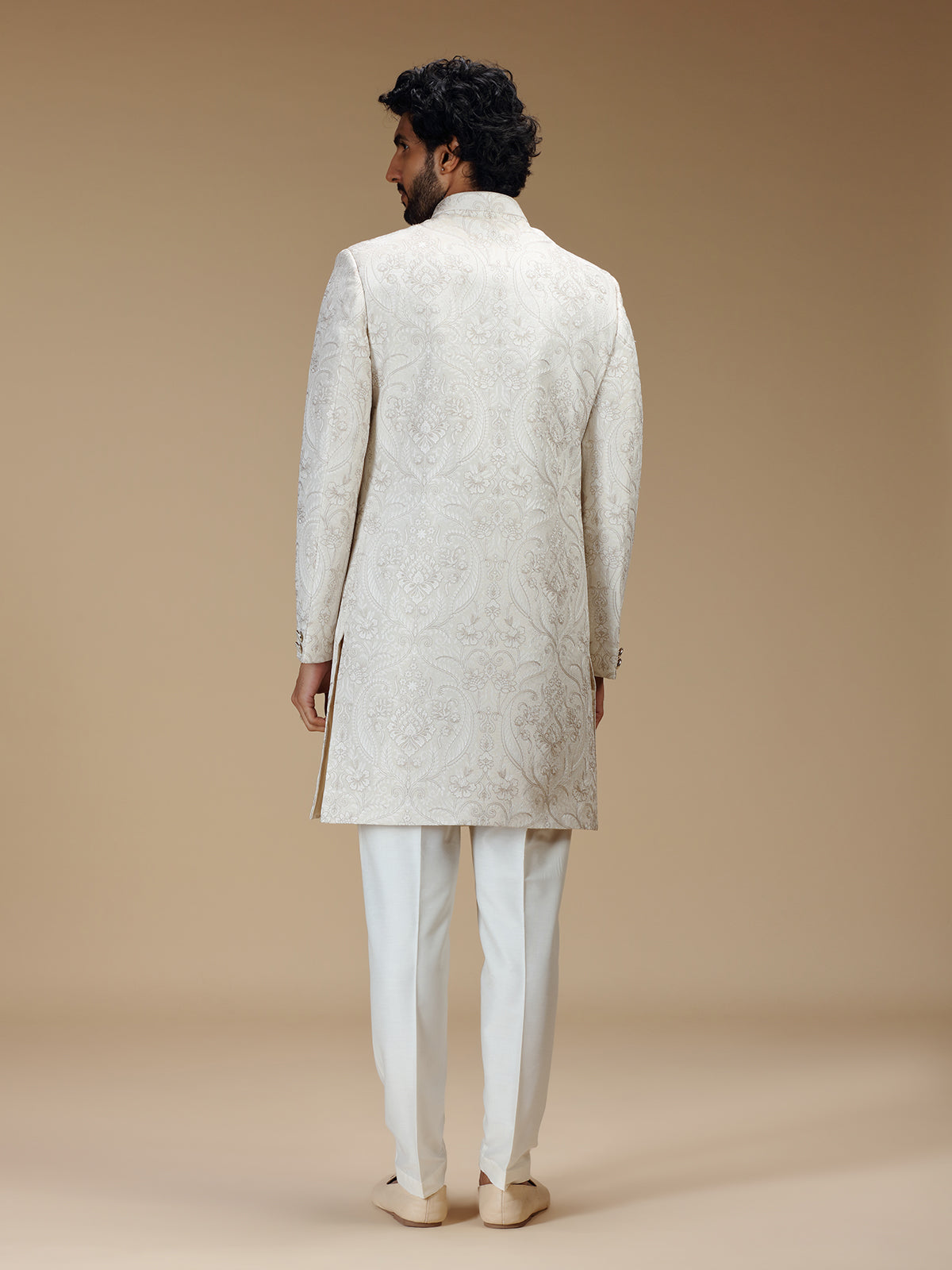 Elegant off white mens indo western brocade suit