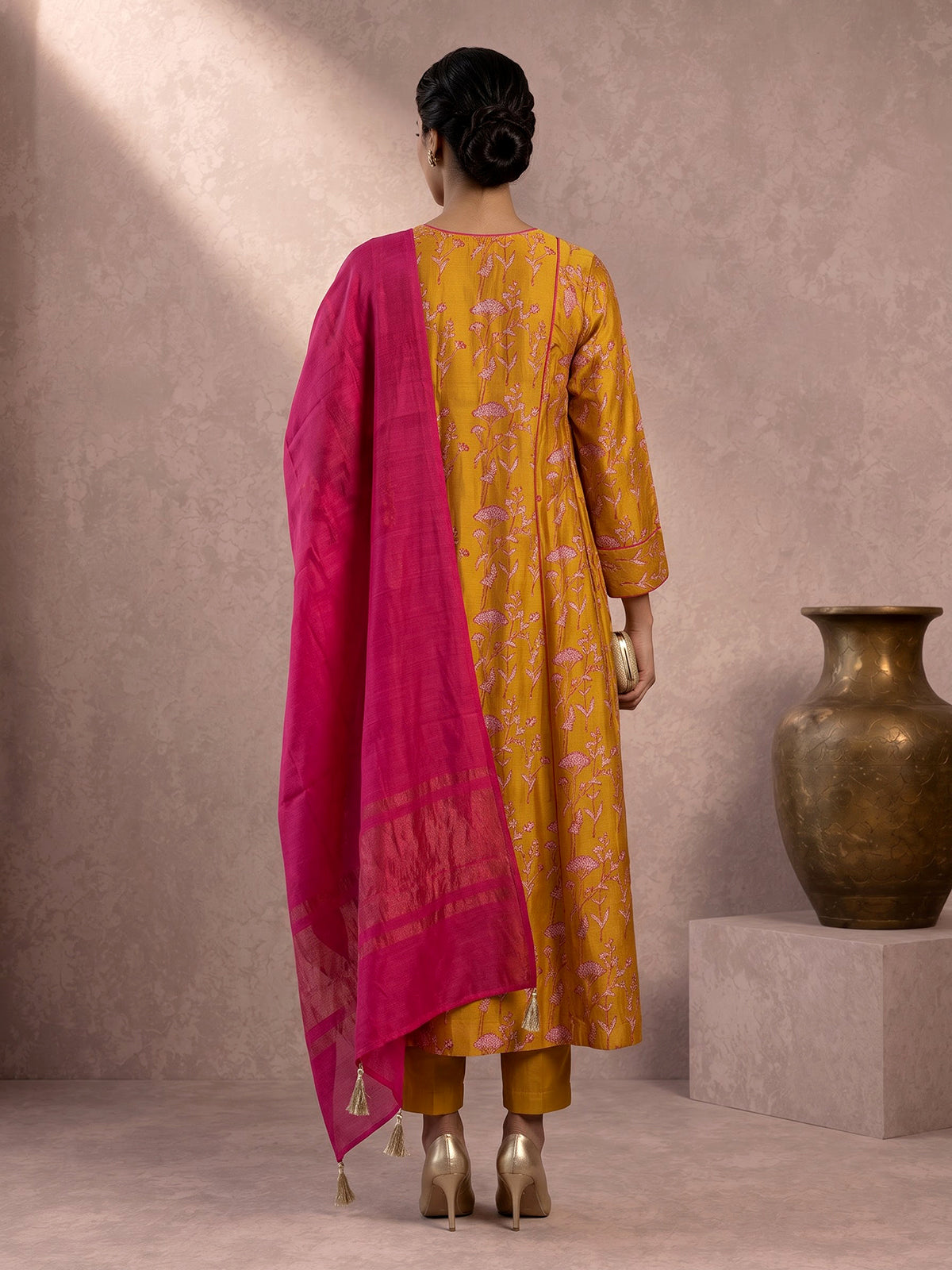 Mustard yellow silk printed anarkali suit with dupatta