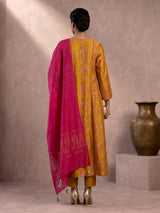 Mustard yellow silk printed anarkali suit with dupatta