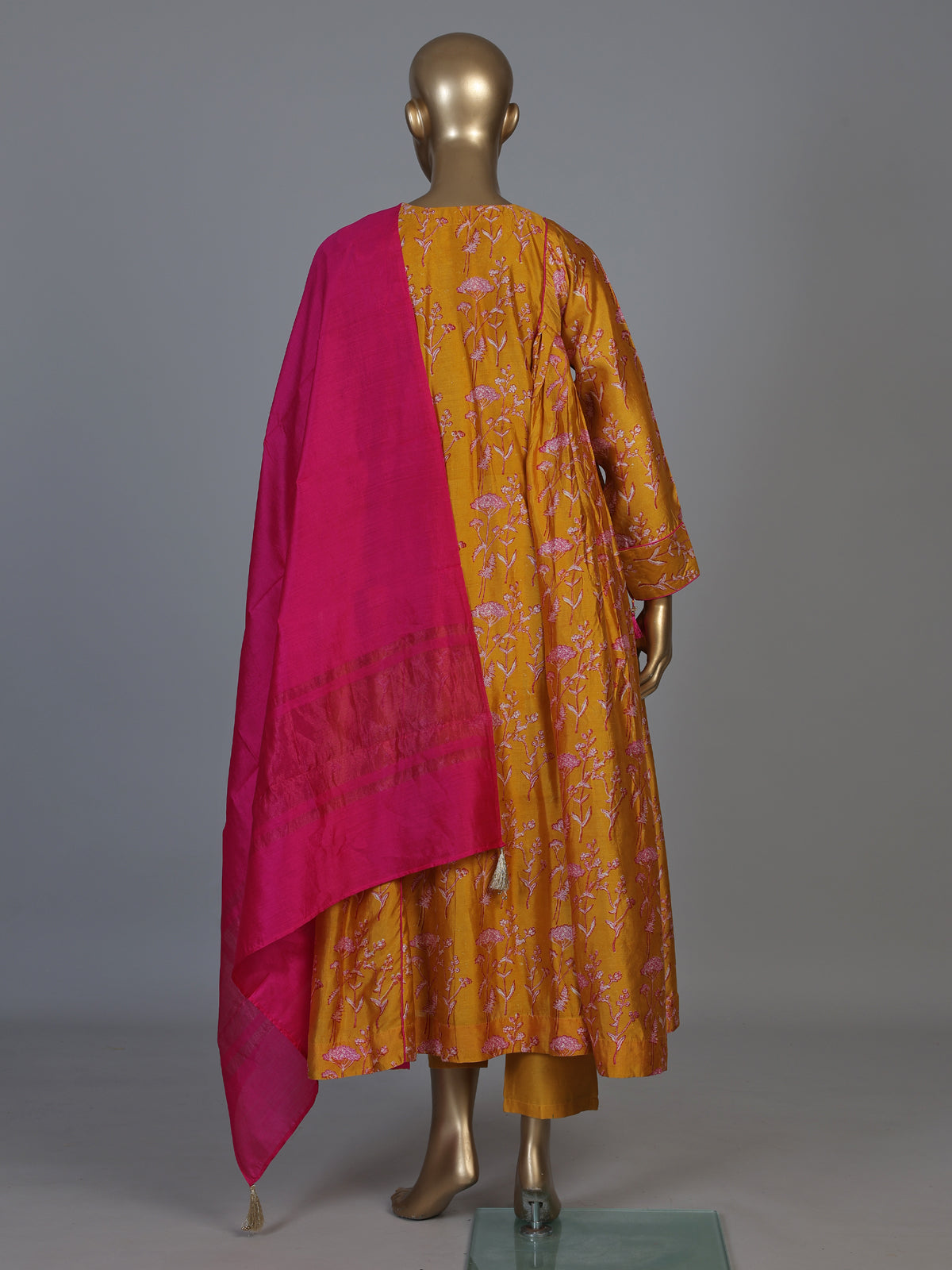 Mustard yellow silk printed anarkali suit with dupatta