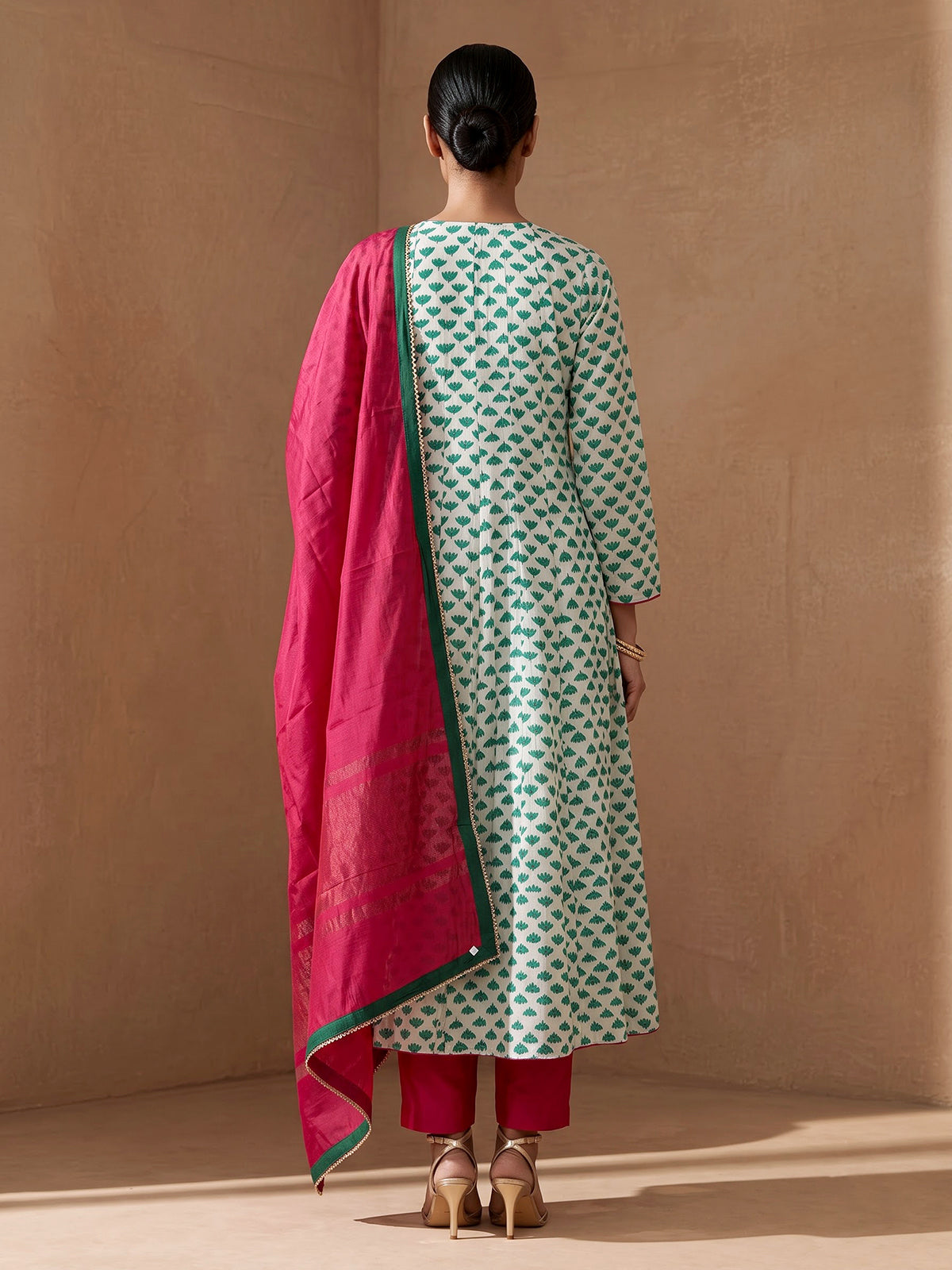 Green silk printed anarkali style suit with dupatta