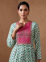 Green silk printed anarkali style suit with dupatta