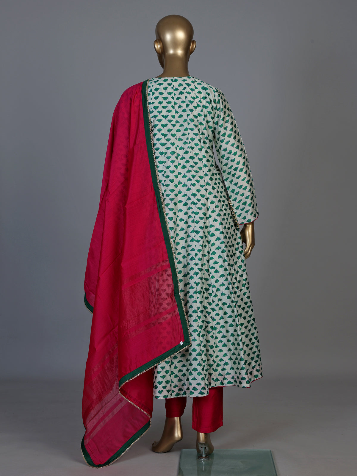 Green silk printed anarkali style suit with dupatta