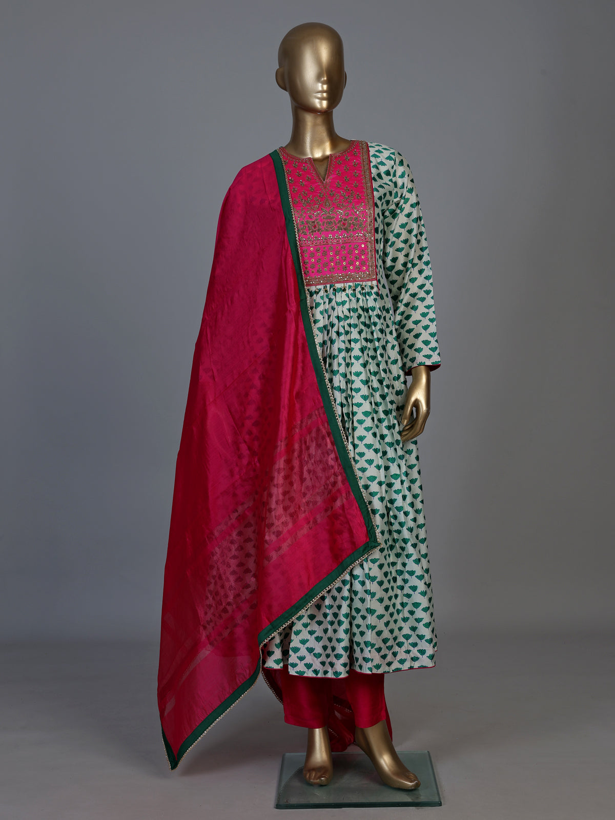 Green silk printed anarkali style suit with dupatta