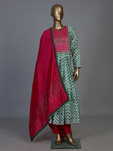 Green silk printed anarkali style suit with dupatta