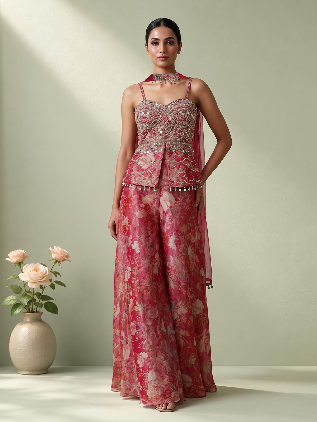 Rani pink silk party wear designer palazzo suit with dupatta