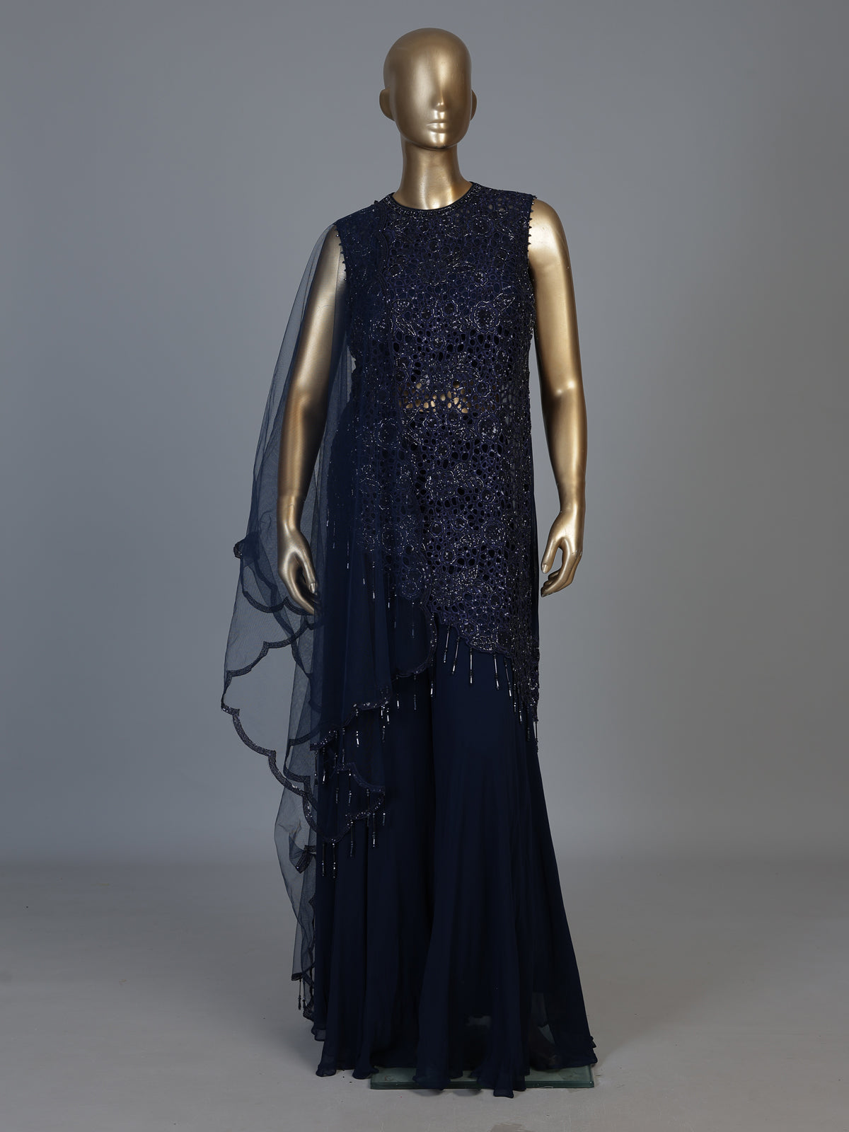 Blue georgette silk designer palazzo suit with dupatta