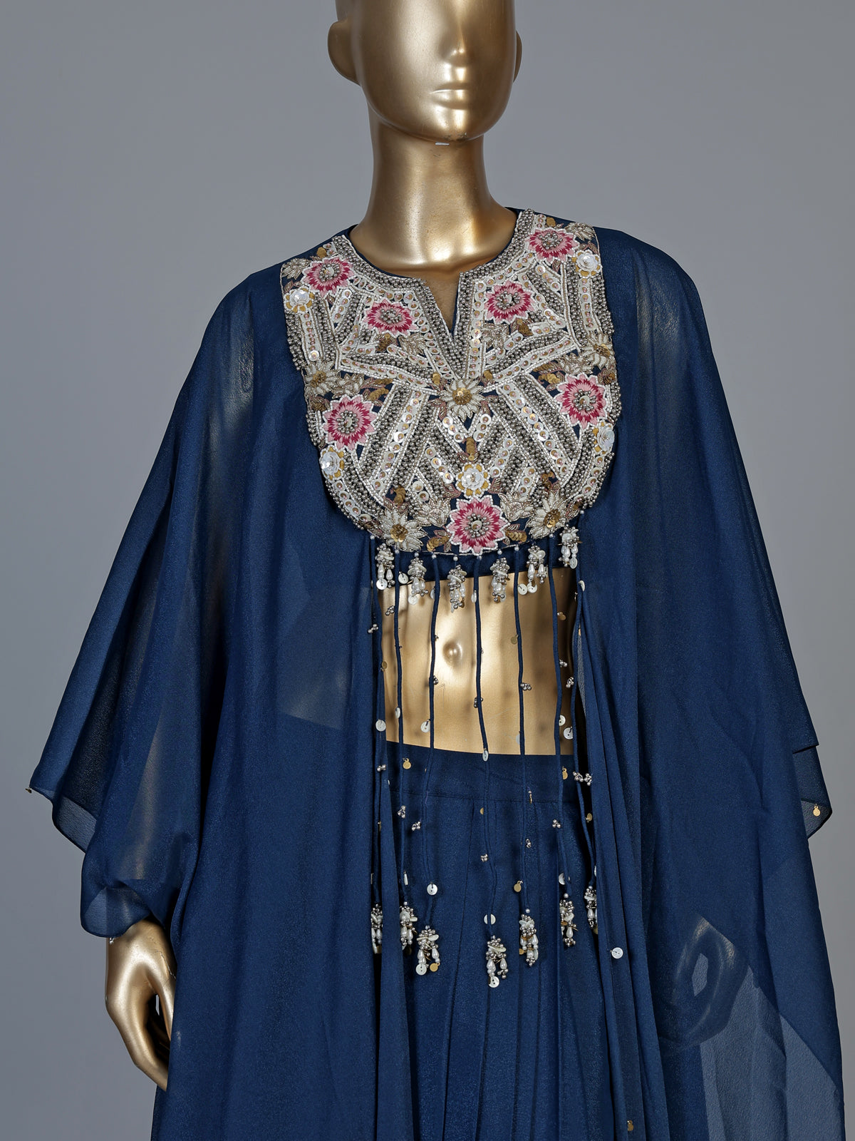 Peacock blue chinon silk indowestern suit for celebrations