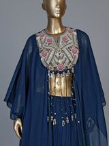 Peacock blue chinon silk indowestern suit for celebrations