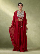 Light maroon chinon silk indowestern suit for parties