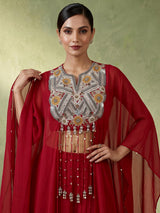 Light maroon chinon silk indowestern suit for parties