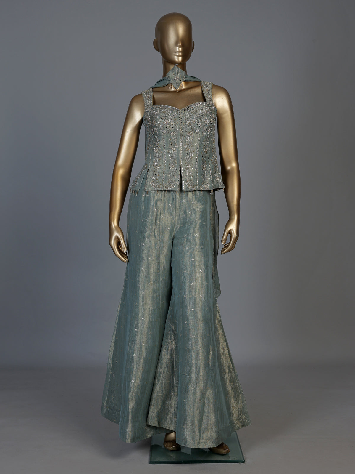 Pastel green tissue silk designer palazzo suit with embellished dupatta