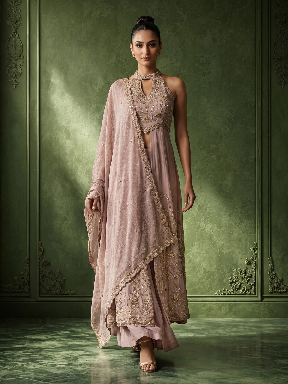 Pastel pink chinon silk anarkali palazzo suit with dupatta