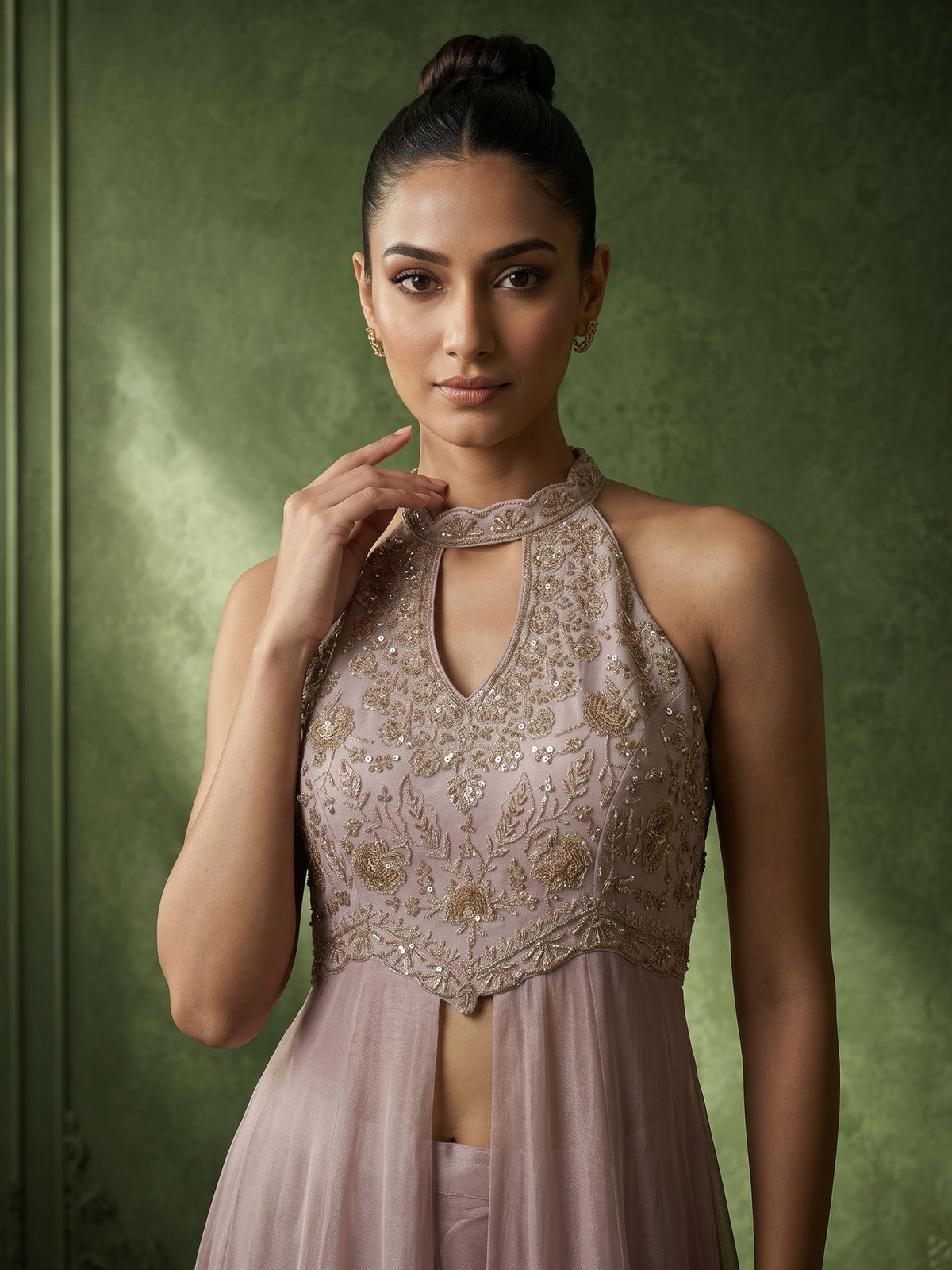 Pastel pink chinon silk anarkali palazzo suit with dupatta