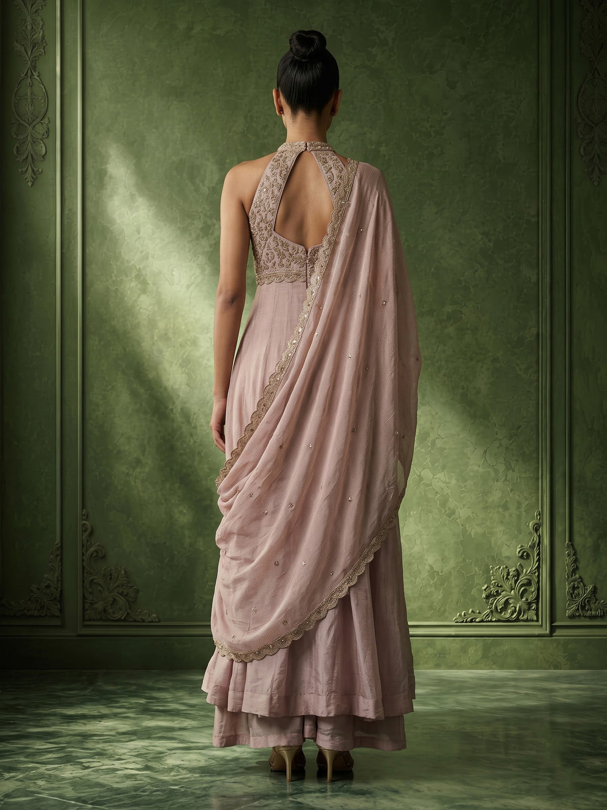 Pastel pink chinon silk anarkali palazzo suit with dupatta