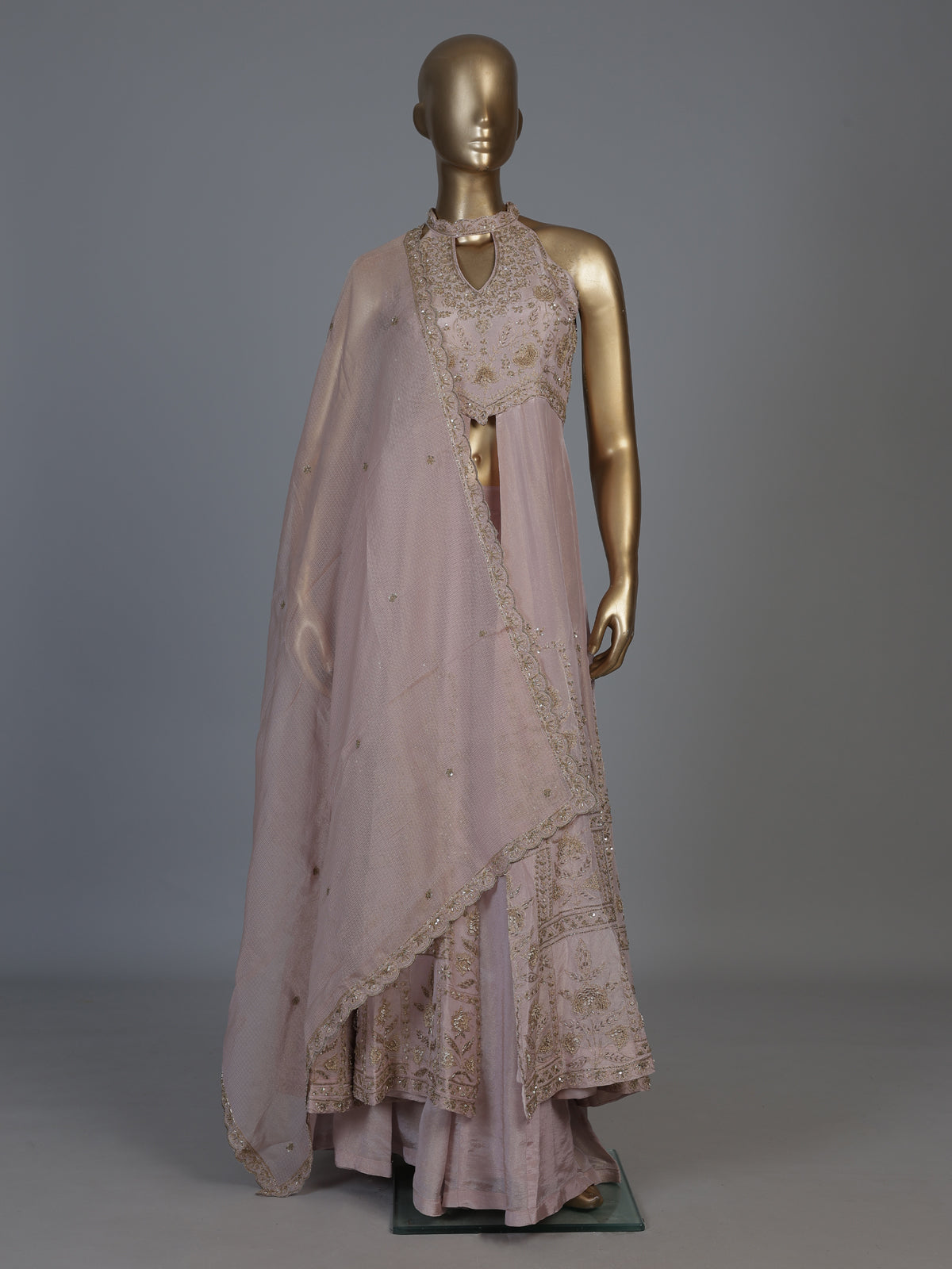 Pastel pink chinon silk anarkali palazzo suit with dupatta