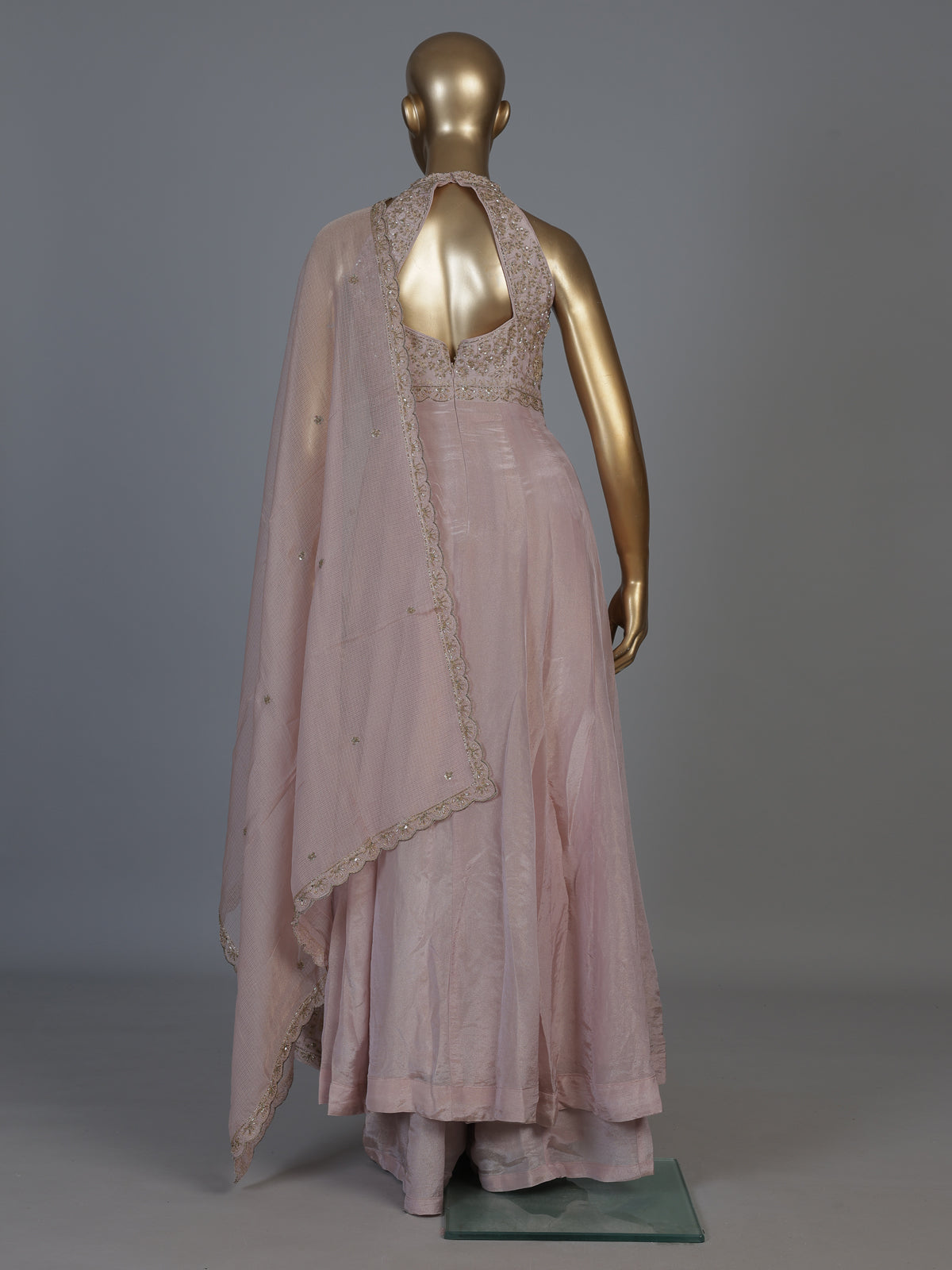 Pastel pink chinon silk anarkali palazzo suit with dupatta
