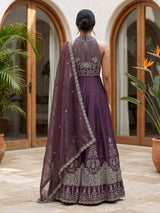 Pastel purple tusser silk blend anarkali suit with dupatta
