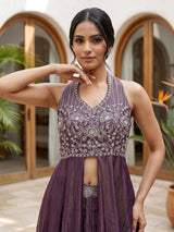 Pastel purple tusser silk blend anarkali suit with dupatta