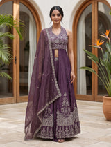 Pastel purple tusser silk blend anarkali suit with dupatta