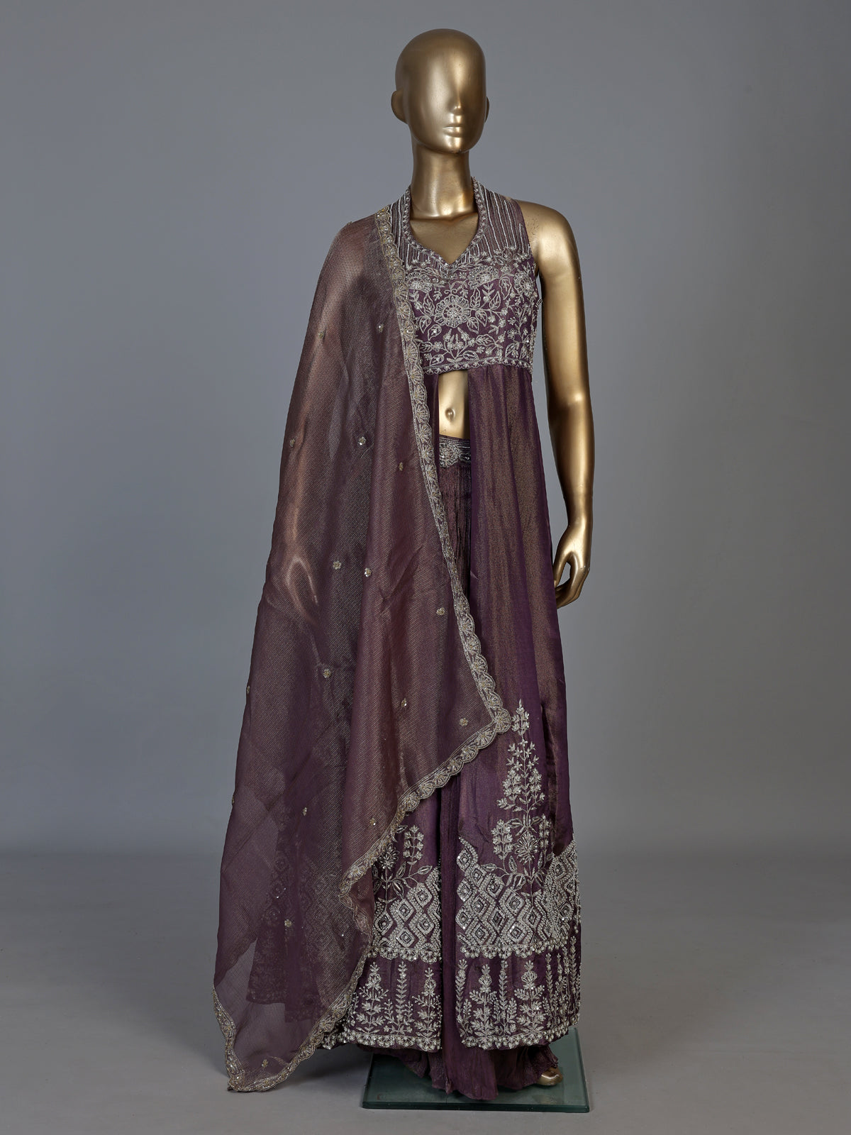 Pastel purple tusser silk blend anarkali suit with dupatta