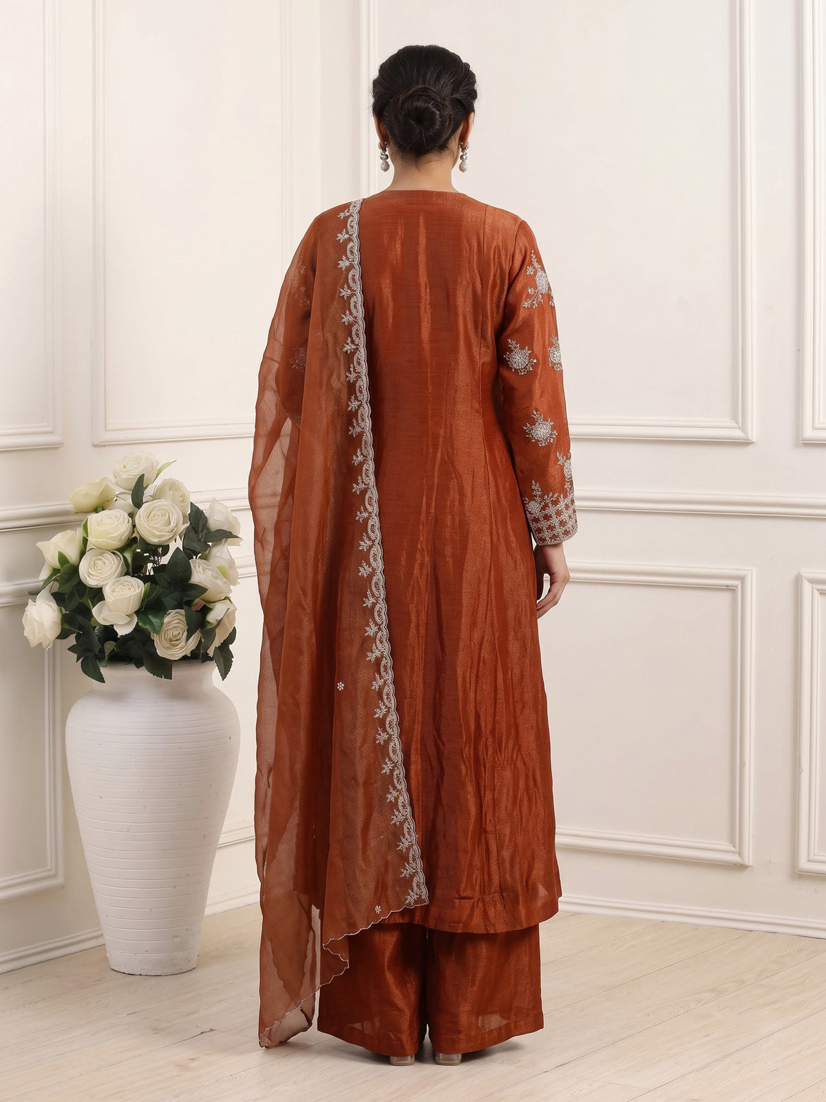 Rust orange tusser silk blend designer palazzo suit with dupatta