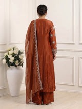 Rust orange tusser silk blend designer palazzo suit with dupatta