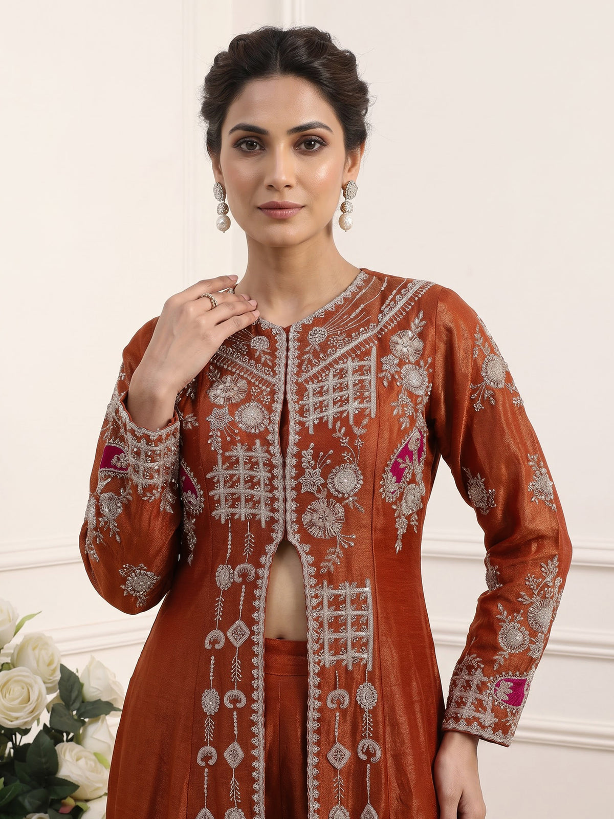 Rust orange tusser silk blend designer palazzo suit with dupatta