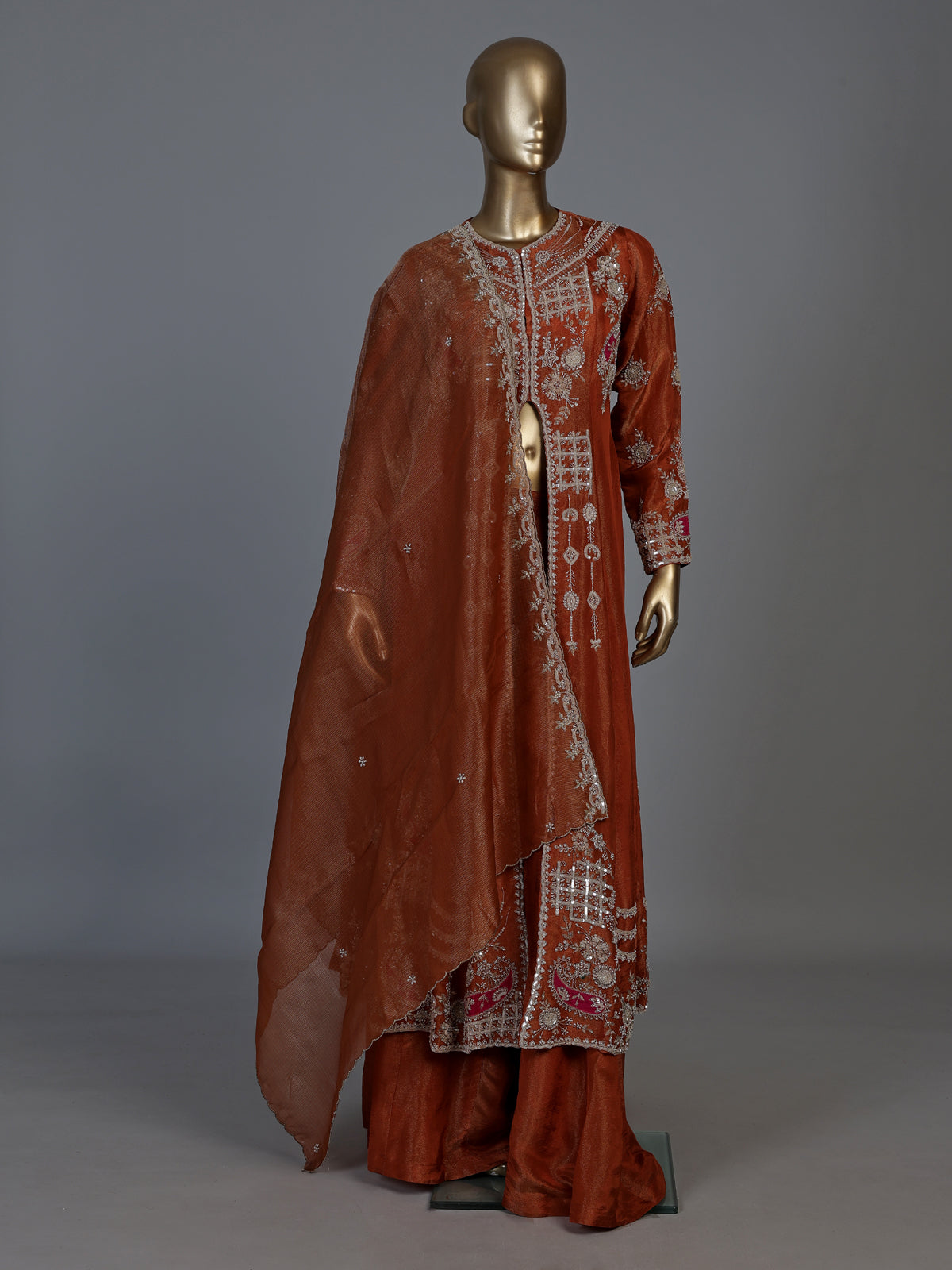 Rust orange tusser silk blend designer palazzo suit with dupatta