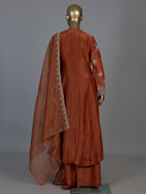 Rust orange tusser silk blend designer palazzo suit with dupatta