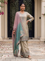 Beige pakistani style chanderi silk salwar suit with multicolor dupatta