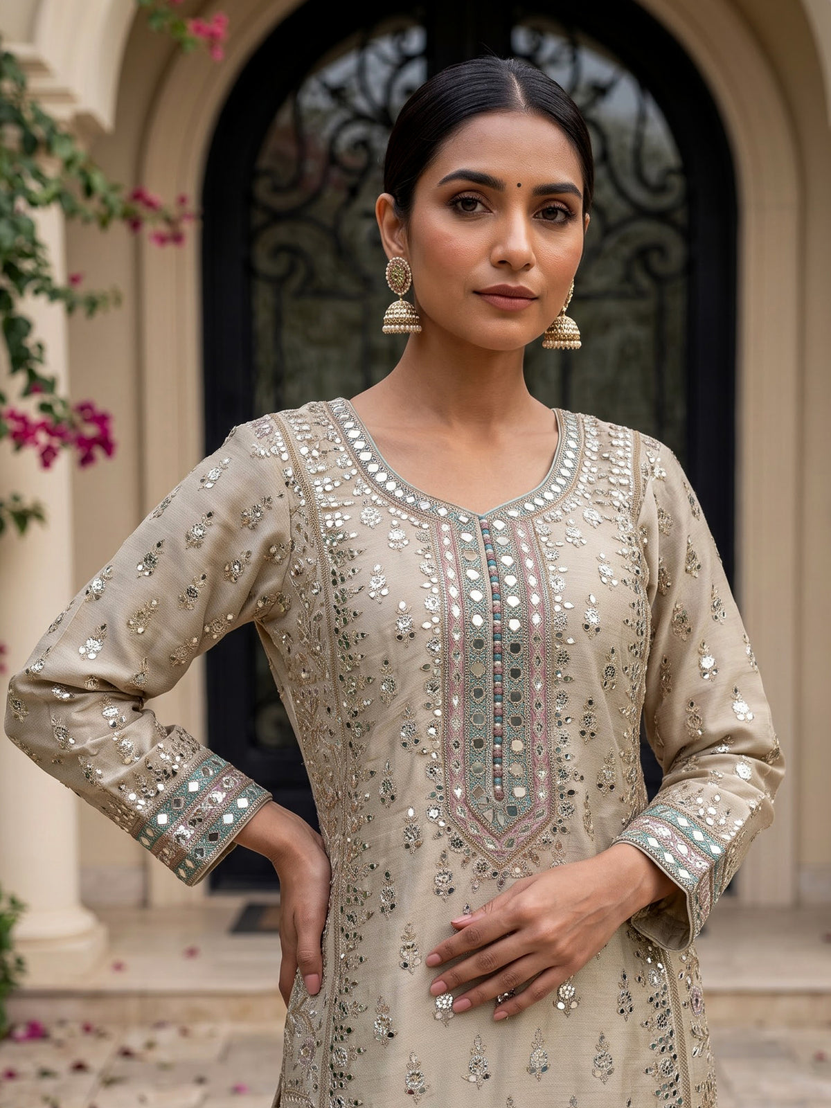 Beige pakistani style chanderi silk salwar suit with multicolor dupatta