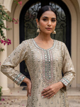 Beige pakistani style chanderi silk salwar suit with multicolor dupatta