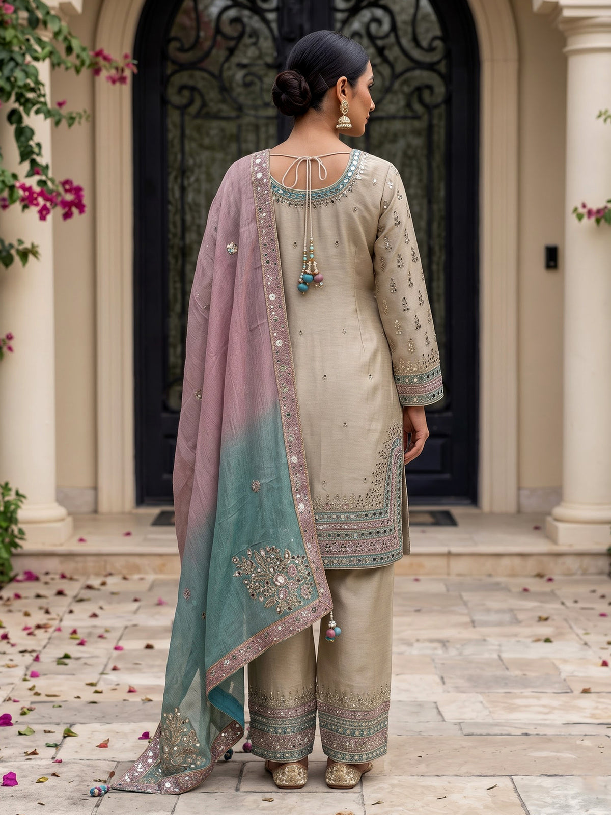 Beige pakistani style chanderi silk salwar suit with multicolor dupatta
