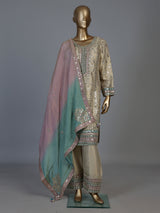 Beige pakistani style chanderi silk salwar suit with multicolor dupatta