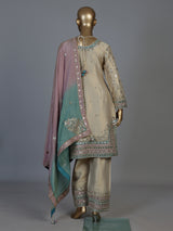 Beige pakistani style chanderi silk salwar suit with multicolor dupatta