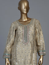 Beige pakistani style chanderi silk salwar suit with multicolor dupatta