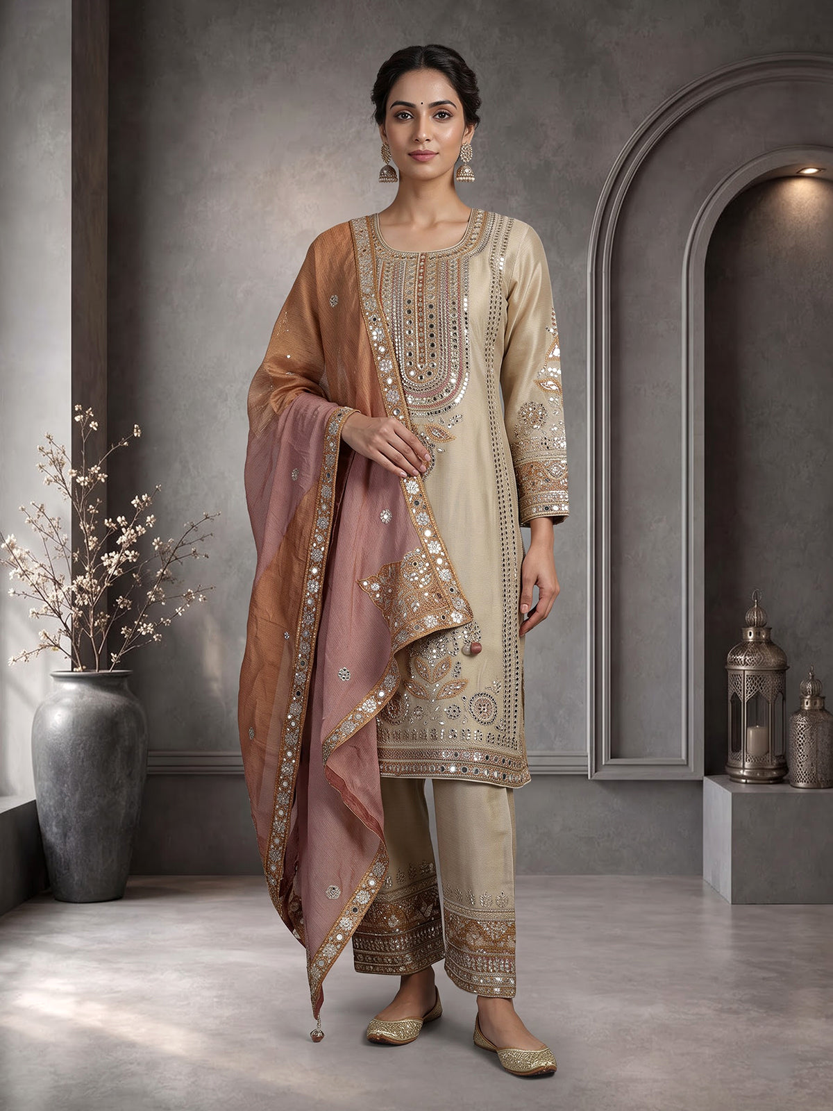 Beige pakistani style chanderi silk salwar suit with pink dupatta