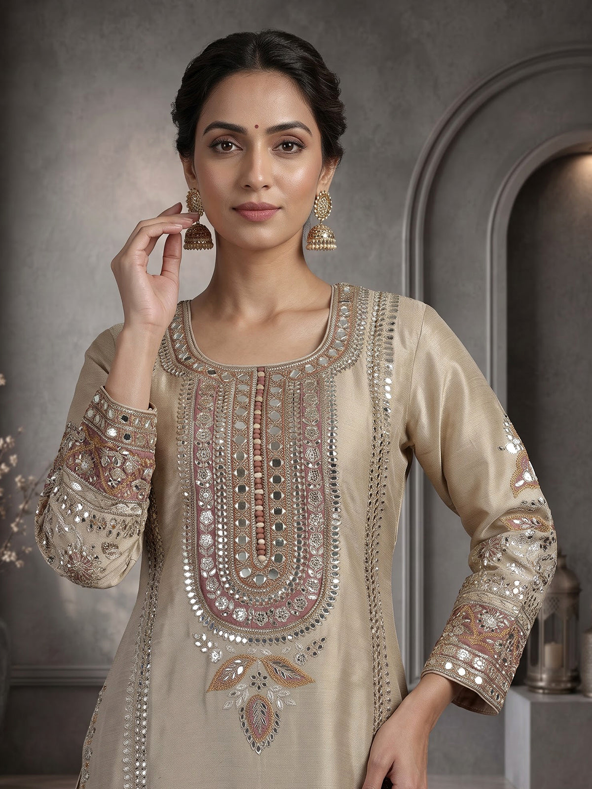 Beige pakistani style chanderi silk salwar suit with pink dupatta